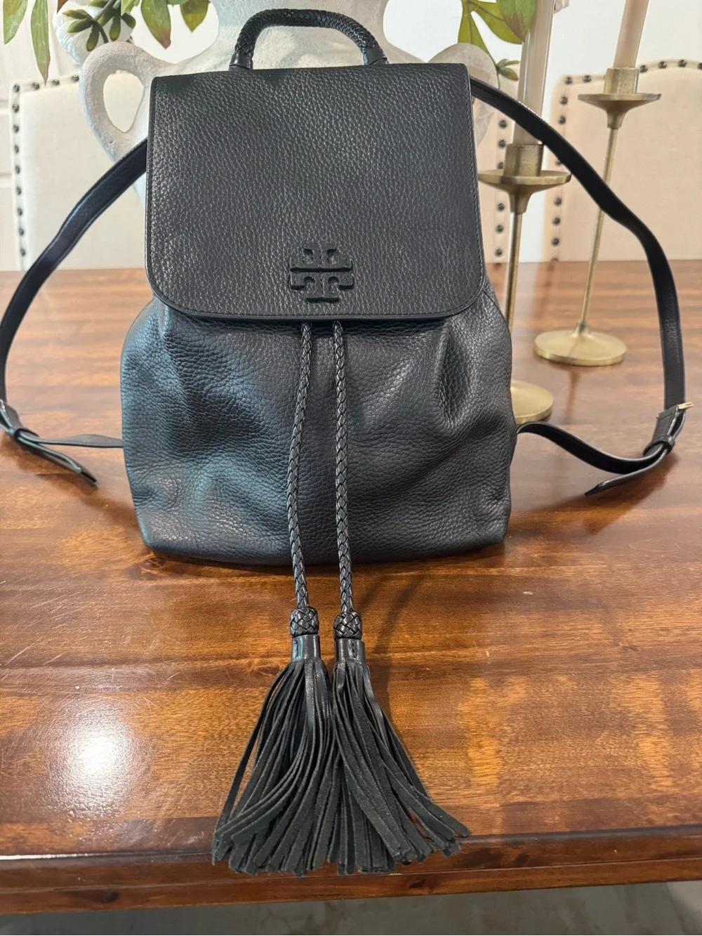 Tory Burch Black Pebbled Leather Tassel Drawstring Backpack